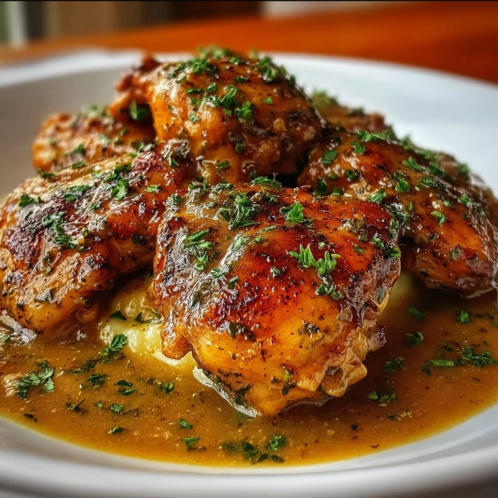 Savory smothered chicken thighs served with rich gravy for comfort food.