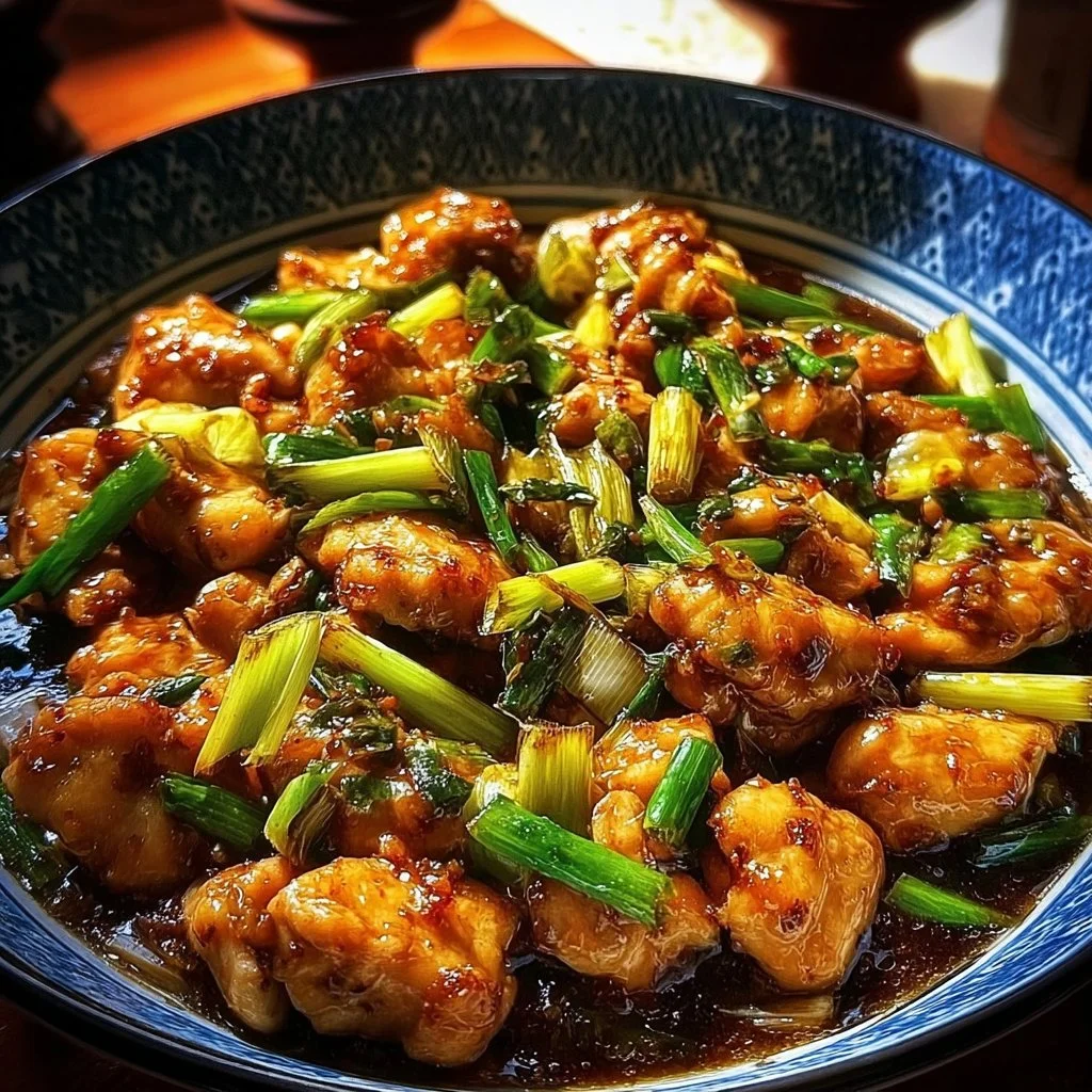 Plate of Scallion Chicken garnished with fresh green scallions