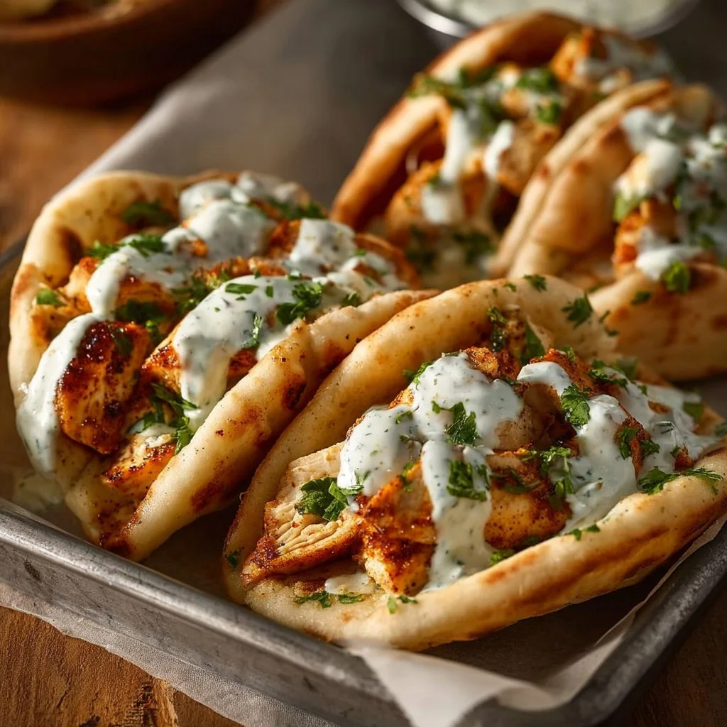 Delicious Sheet Pan Chicken Pitas with Herby Ranch dressed on a serving platter.