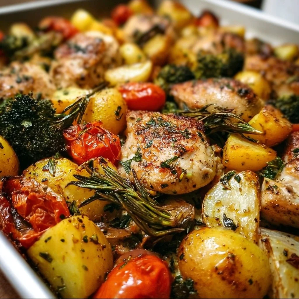Sheet pan Lemon Herb Chicken and colorful veggies ready to serve.