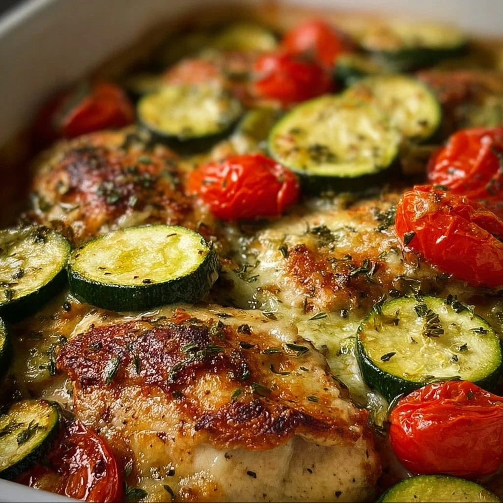 Sheet pan featuring Mediterranean chicken and zucchini dish ready to serve.