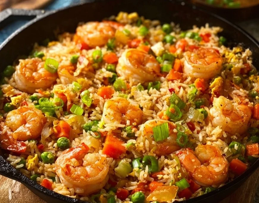 Delicious shrimp fried rice served in a bowl with vegetables and herbs.