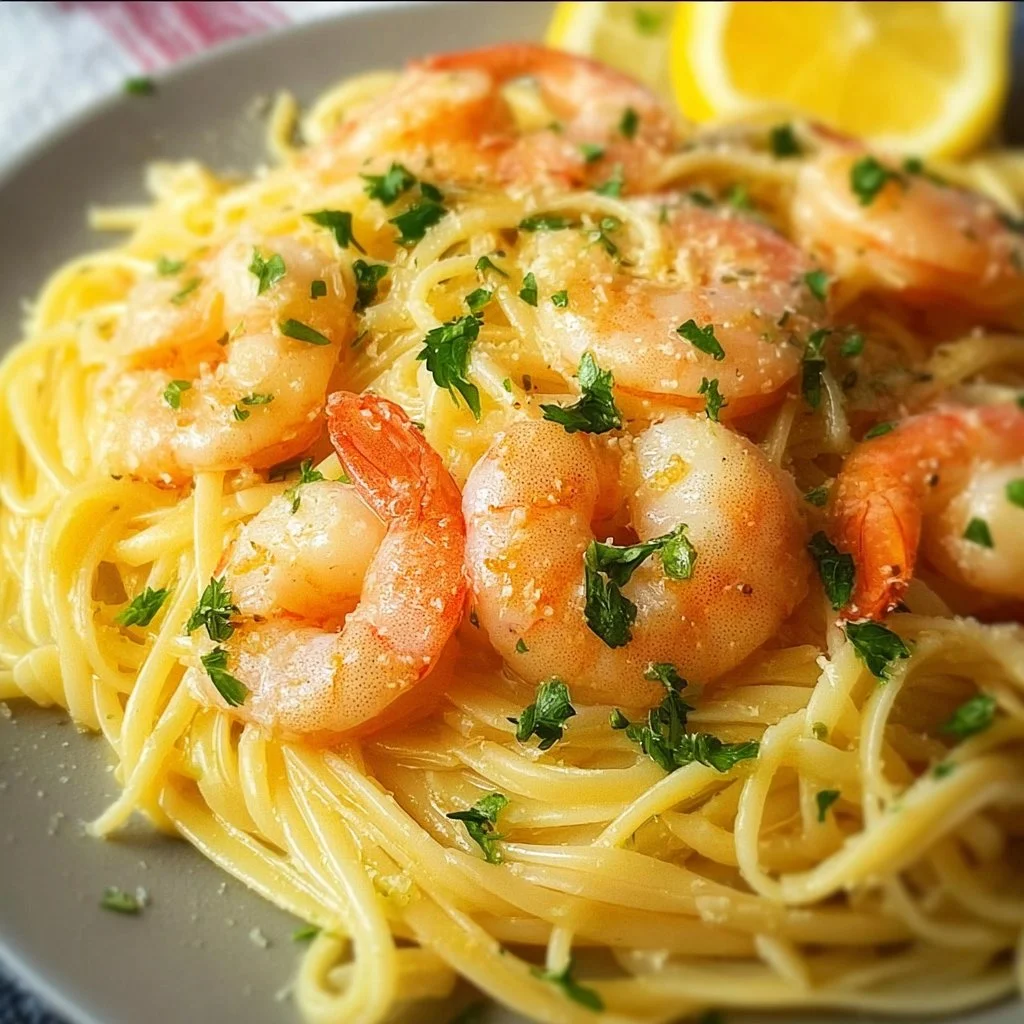 Delicious shrimp scampi with pasta in garlic butter sauce