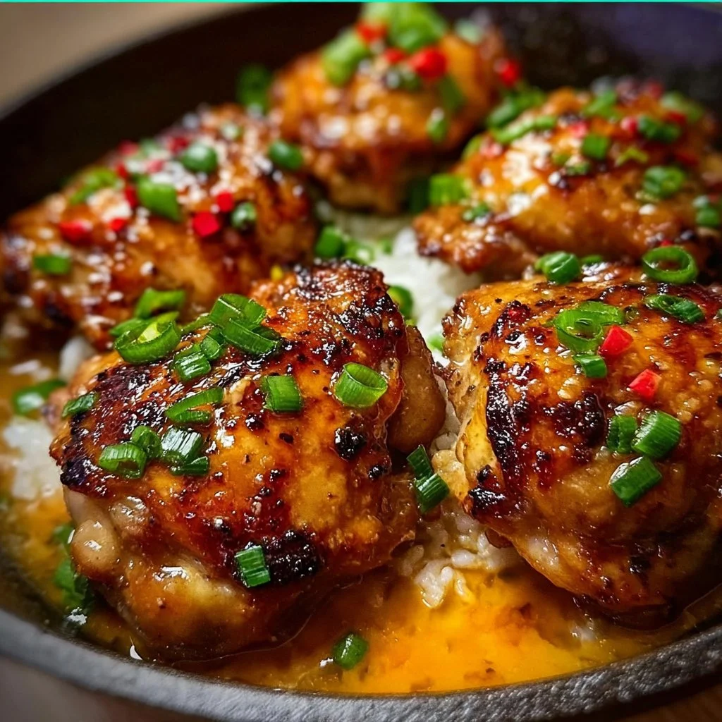 Skillet Bang Bang Chicken Thighs cooking in a pan