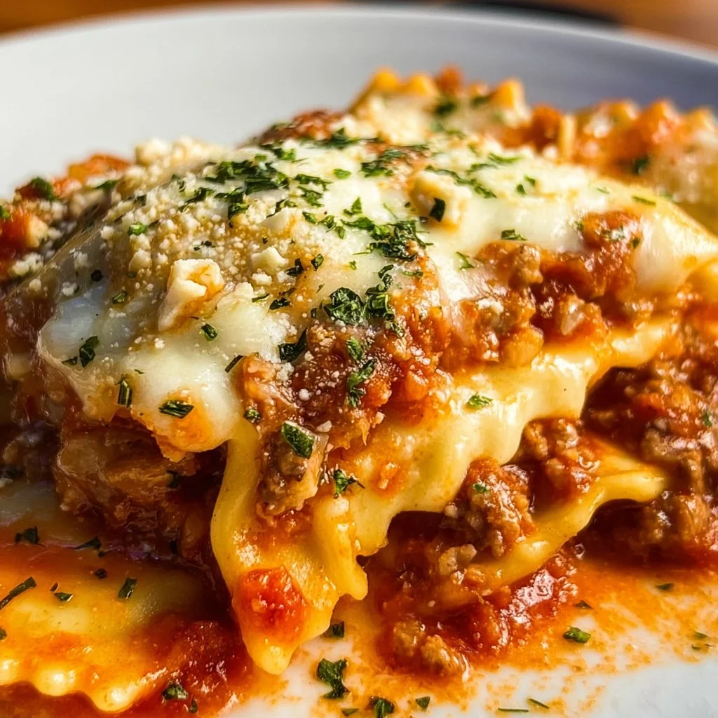 Skillet Ravioli Lasagna served in a pan, topped with cheese and herbs.