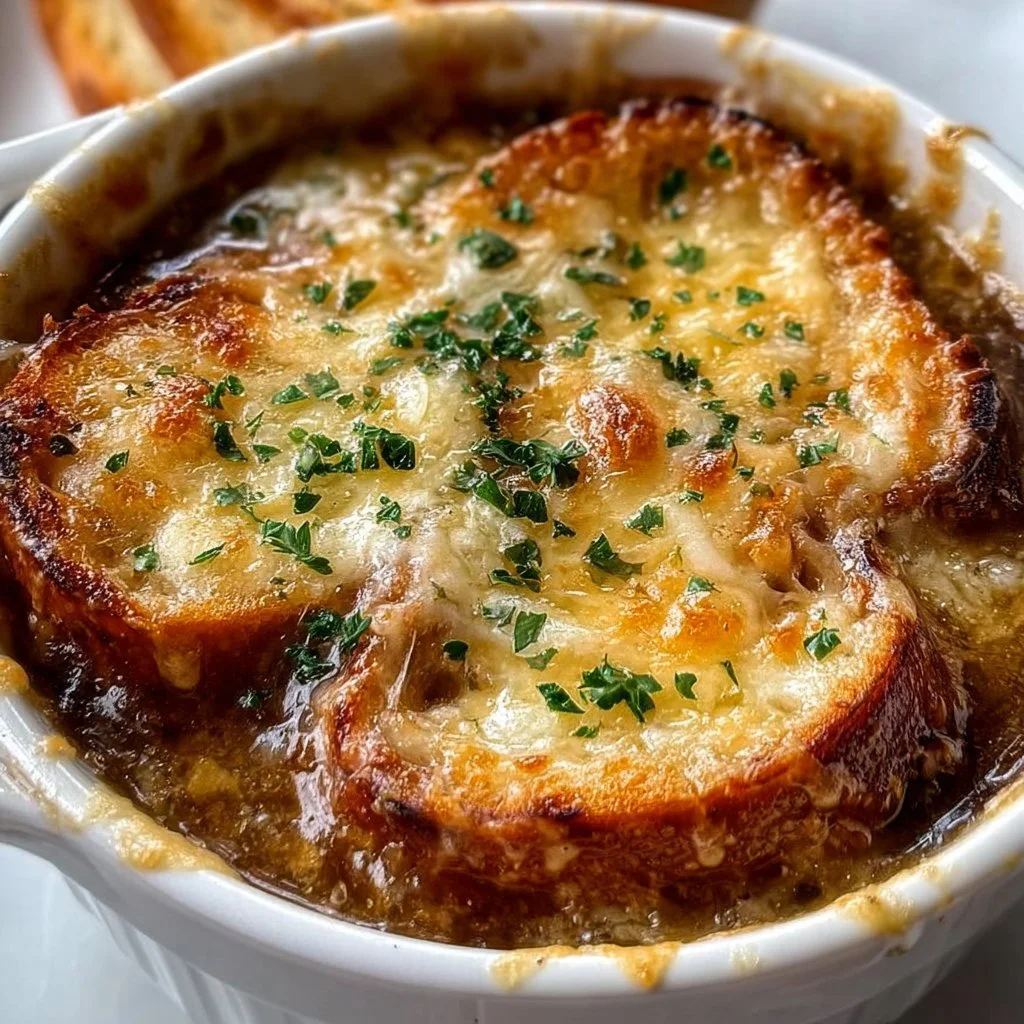 Delicious bowl of Slow-Cooked French Onion Soup topped with melted cheese