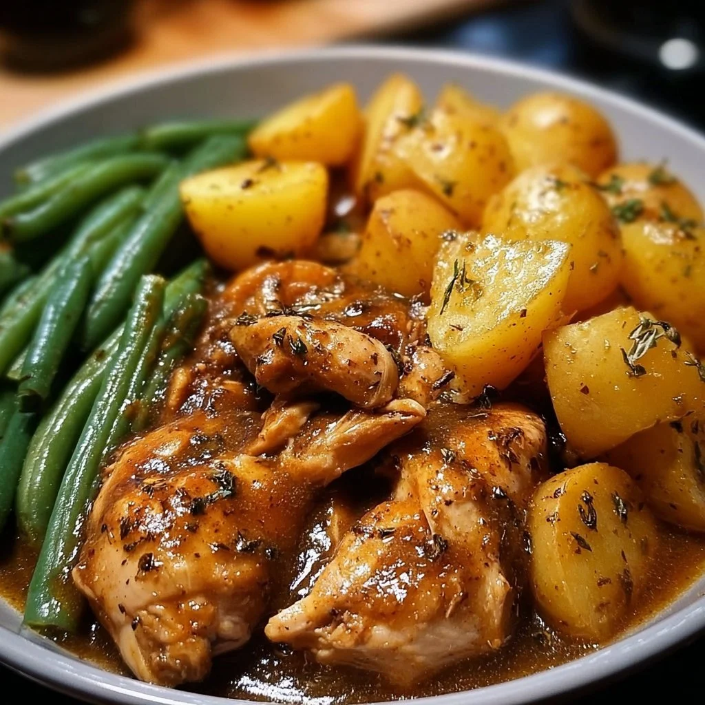 Slow cooker chicken and potatoes with green beans dish
