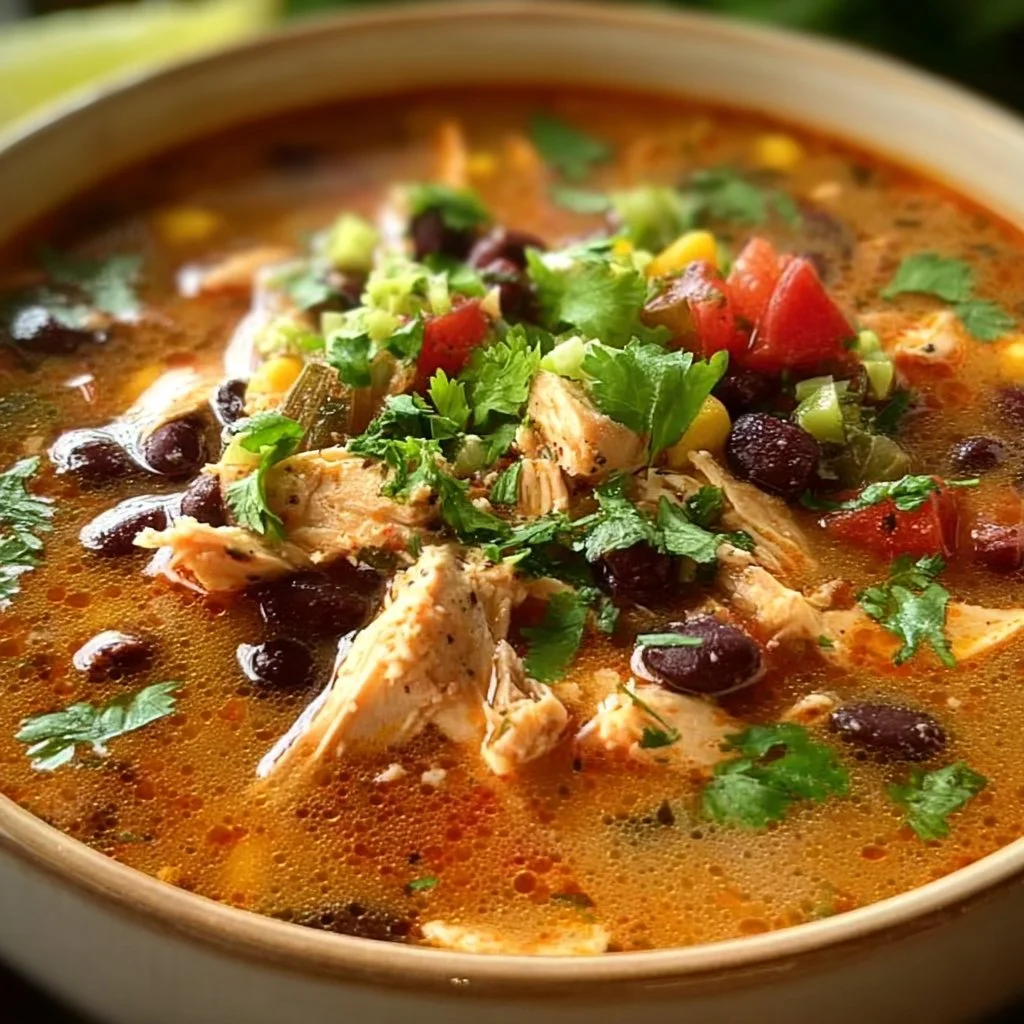 Bowl of delicious Slow Cooker Chicken Black Bean Soup garnished with cilantro.