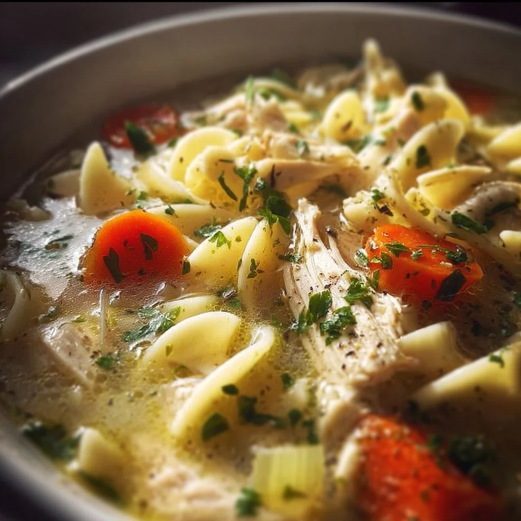 Bowl of slow cooker chicken noodle soup with vegetables and herbs