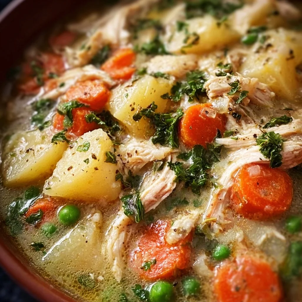 Delicious slow-cooked chicken stew filled with vegetables and herbs in a bowl