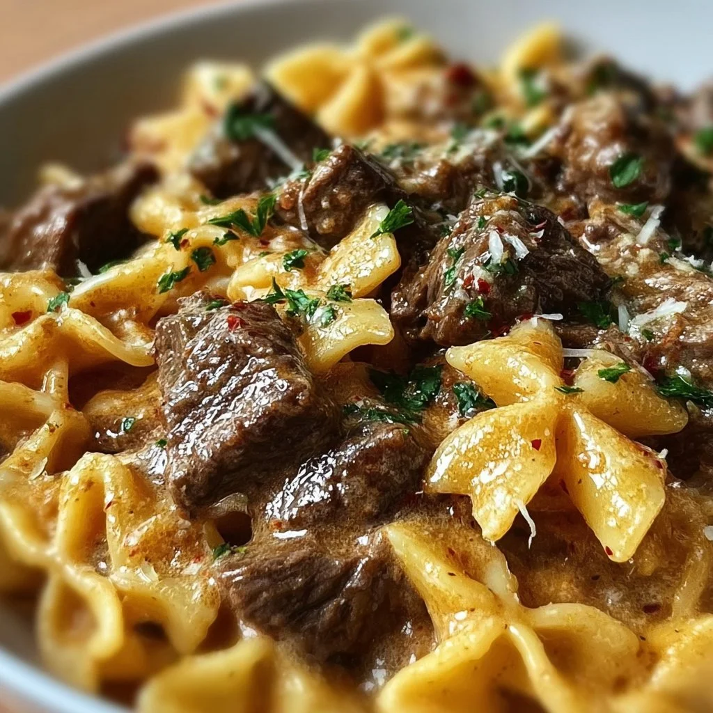 Bowl of creamy garlic beef pasta served with fresh herbs and parmesan cheese.