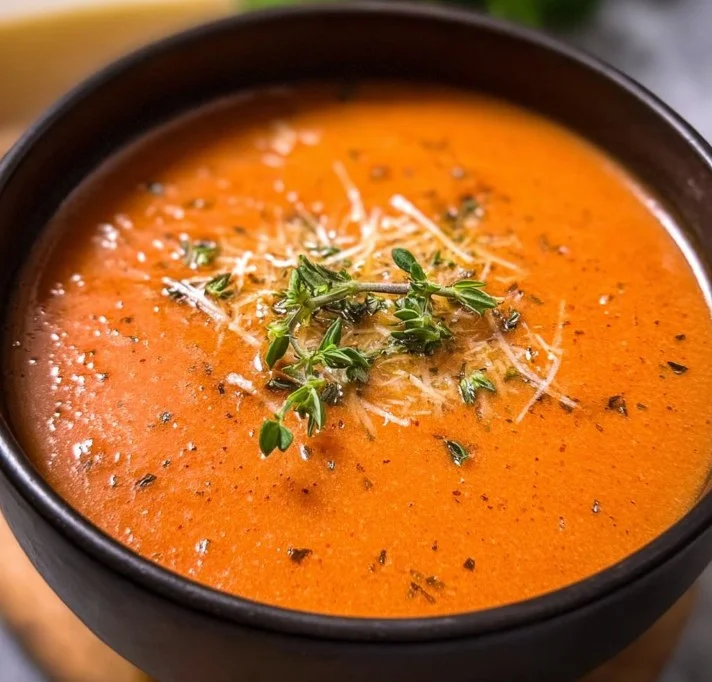 Delicious slow cooker tomato soup in a bowl with fresh basil on top.