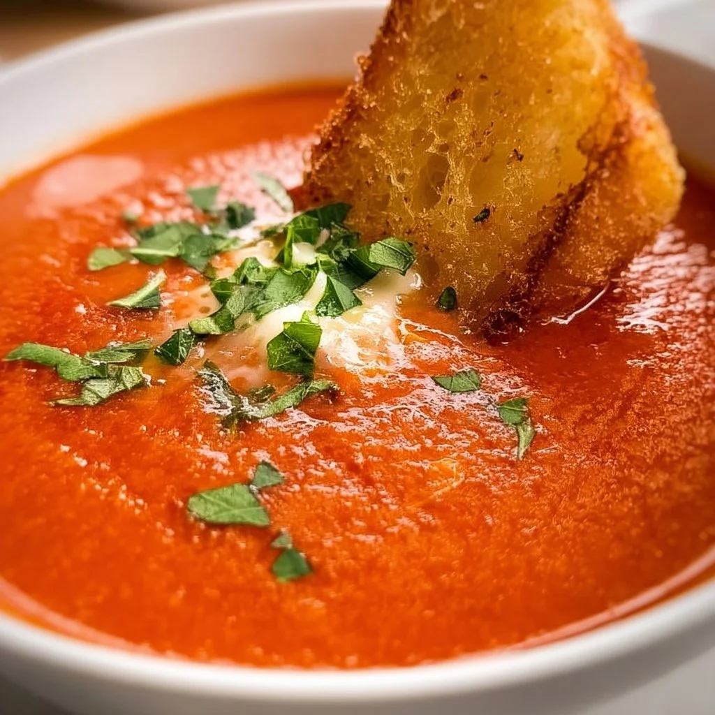 Bowl of slow cooker tomato soup garnished with fresh basil and cream