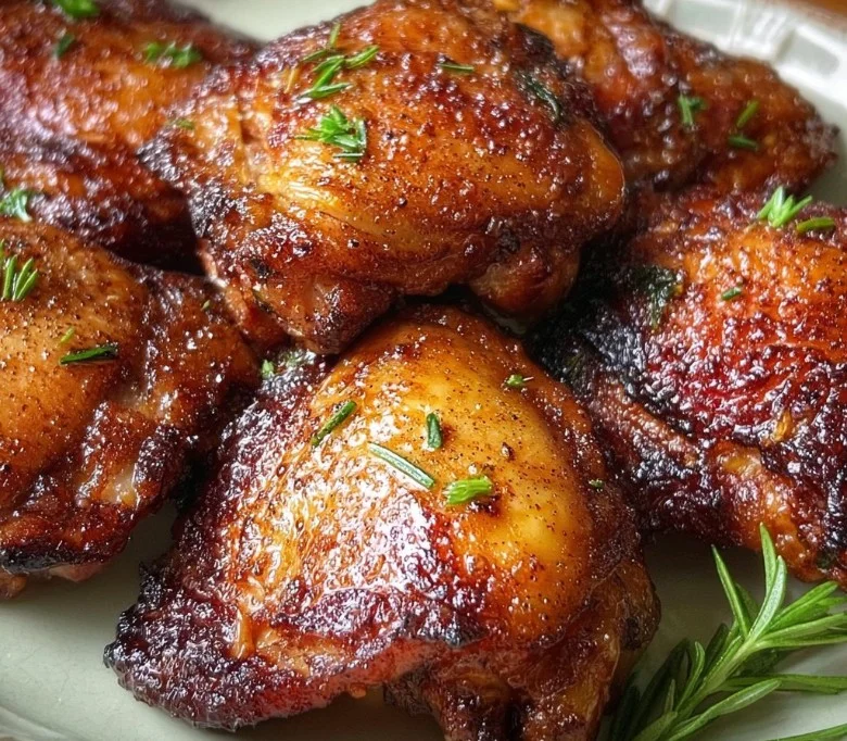 Juicy smoked chicken thighs with a golden brown glaze on a wooden plate
