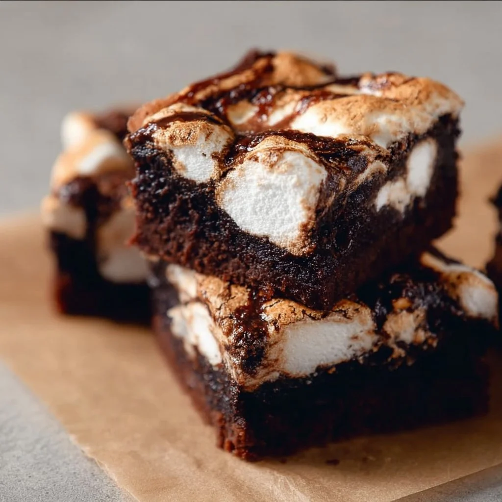 Delicious S'mores Fluffy Marshmallow Brownies topped with fluffy marshmallows