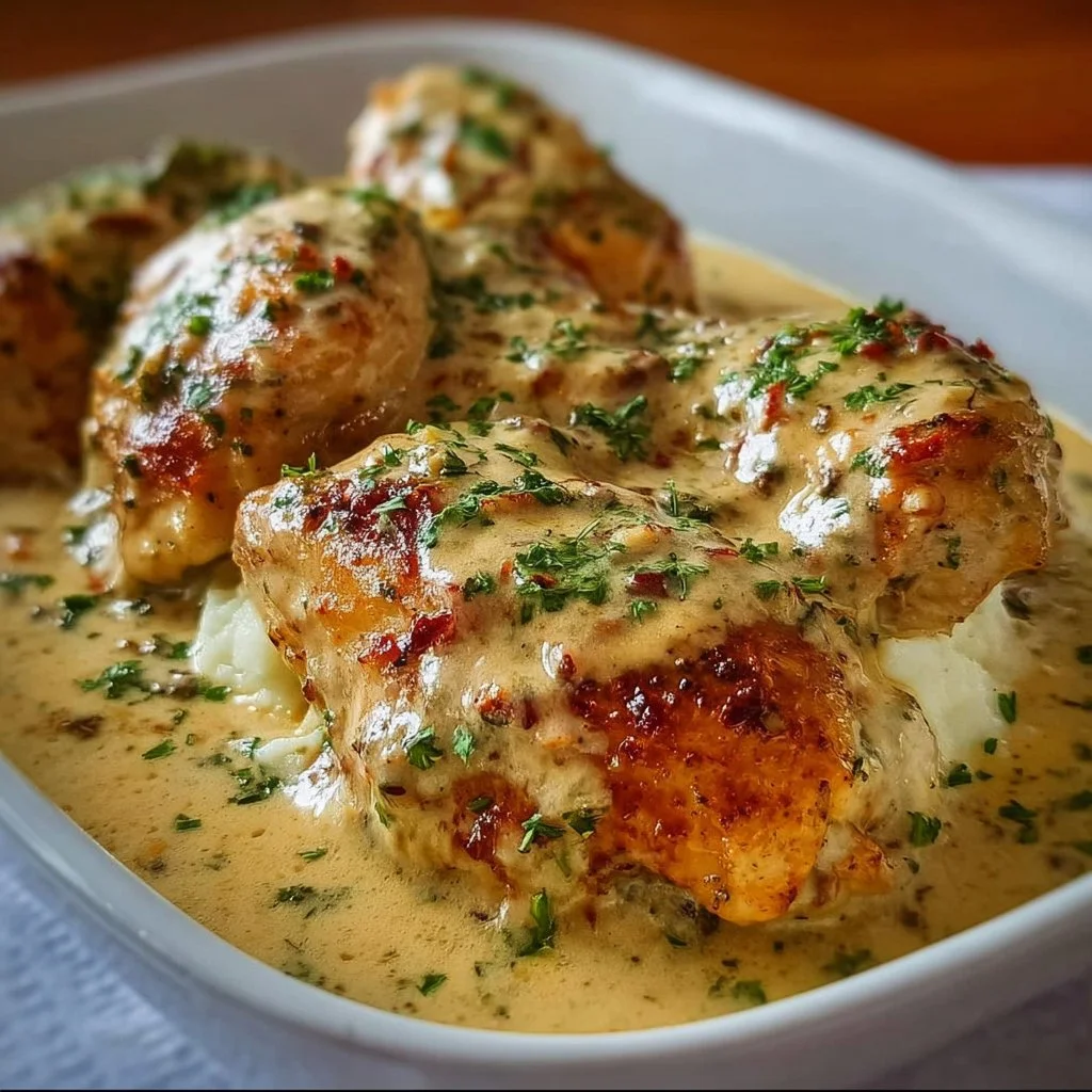 Plate of smothered sour cream chicken with herbs and sides