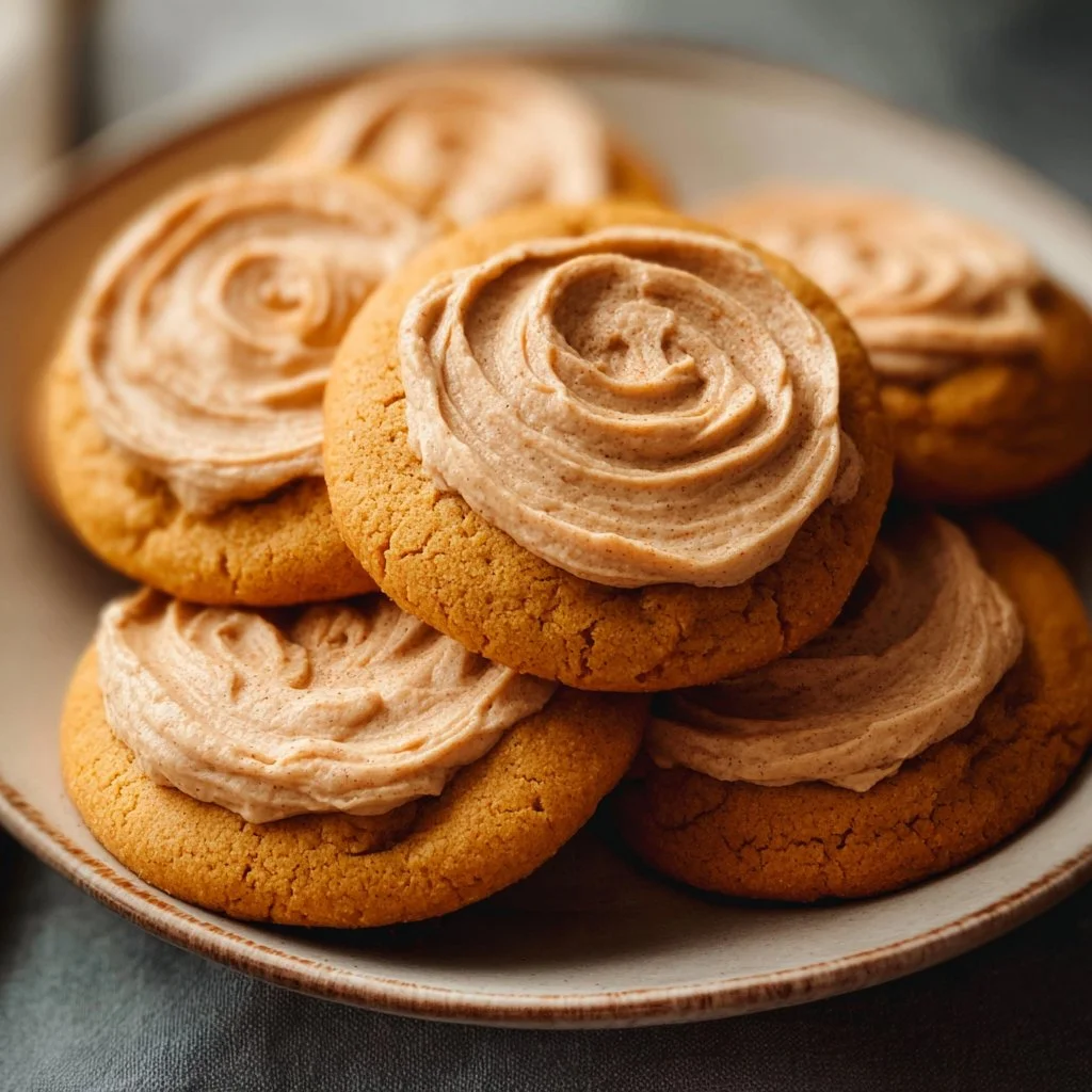 Soft pumpkin cookies with creamy cinnamon frosting on a plate