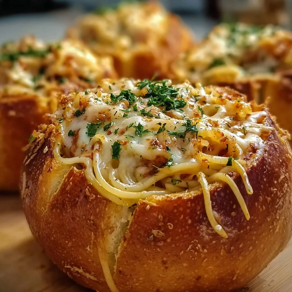 Delicious spaghetti garlic bread bowls filled with savory pasta and crispy garlic bread