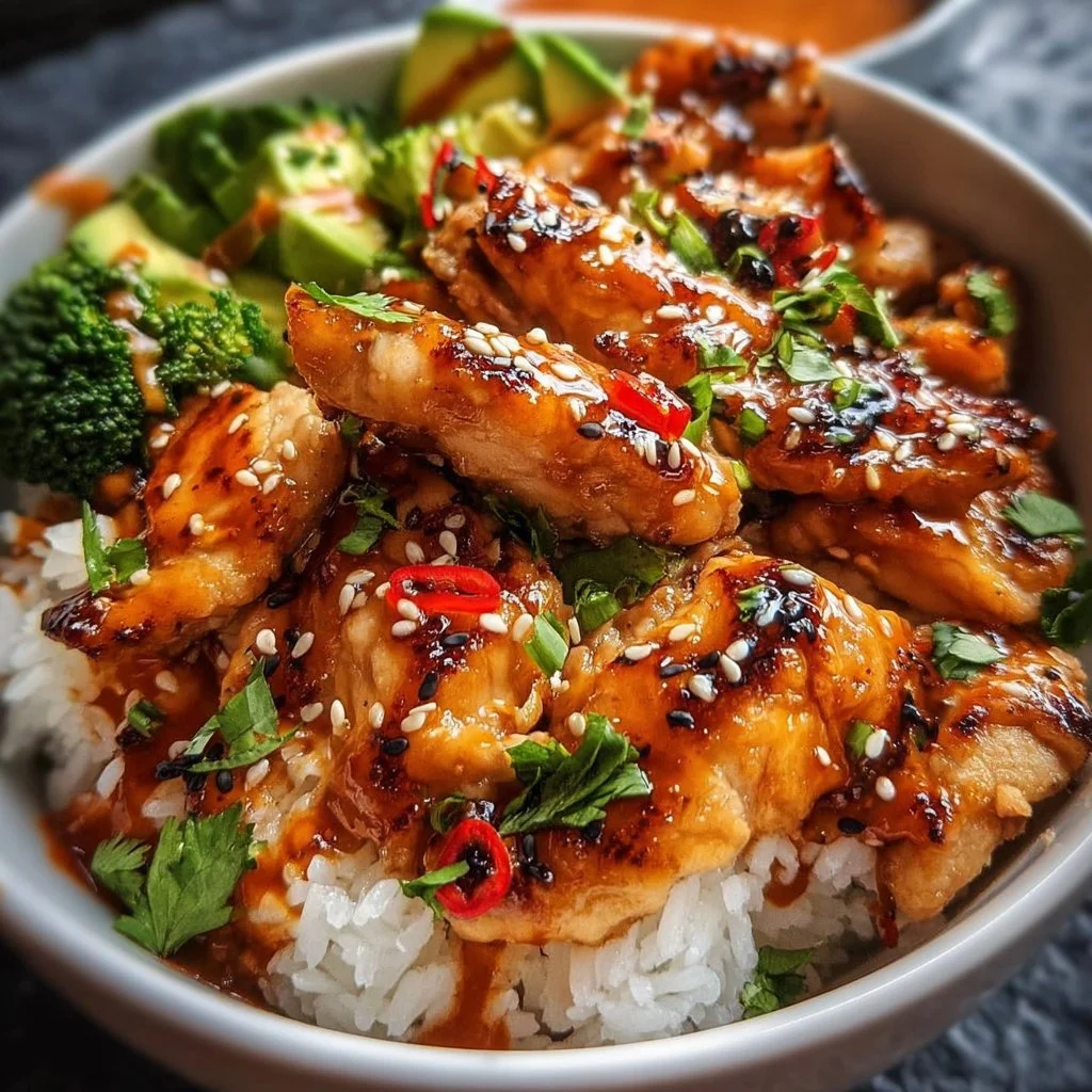 Spicy honey-ginger chicken bowls with yum yum sauce and fresh veggies