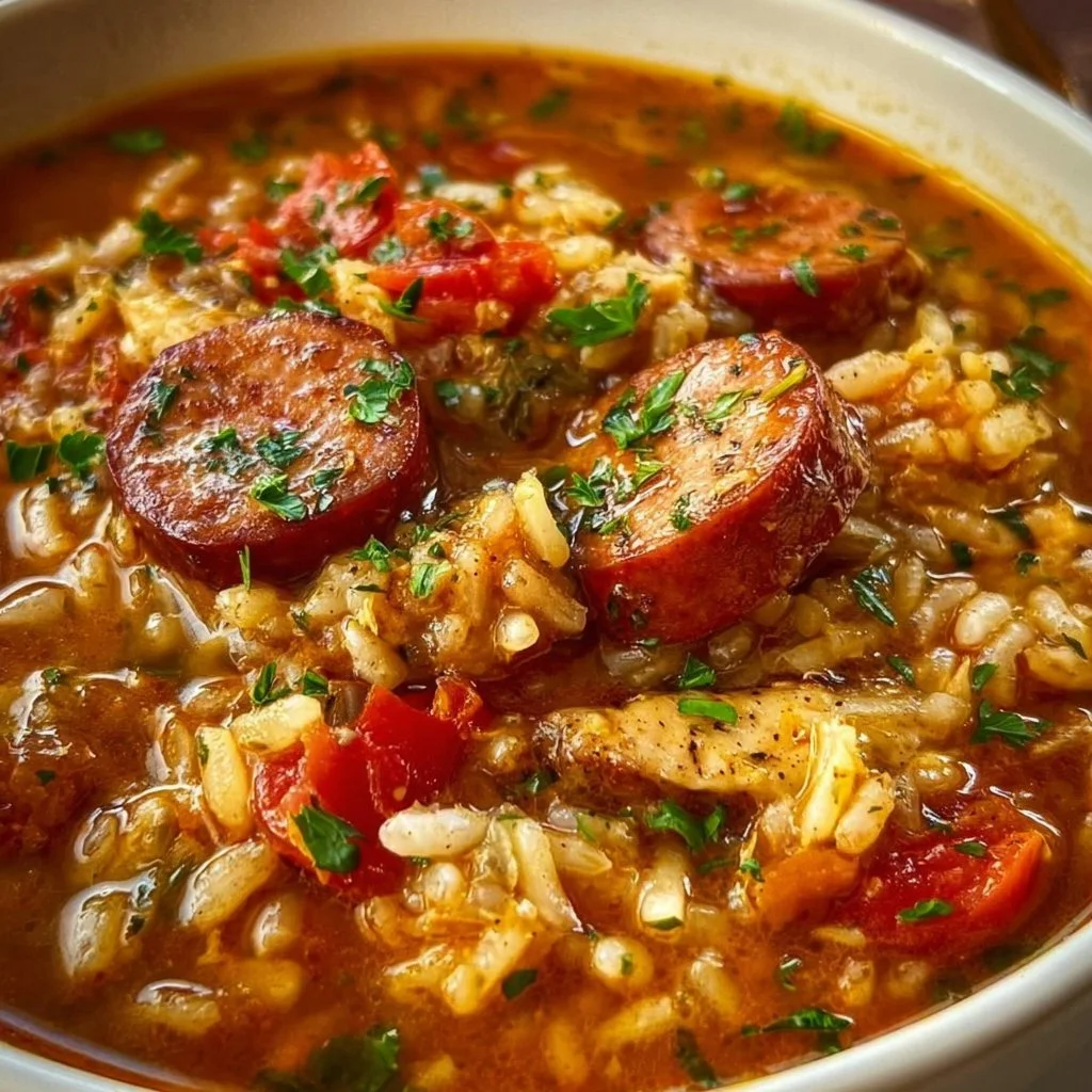 Bowl of spicy jambalaya soup with andouille sausage and chicken