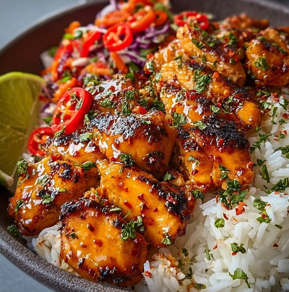 Plate of spicy maple chicken served with coconut rice and garnished with herbs