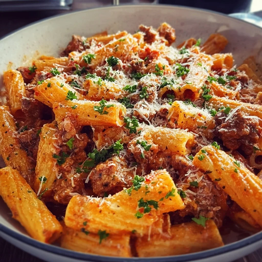Bowl of spicy sausage rigatoni topped with herbs and cheese