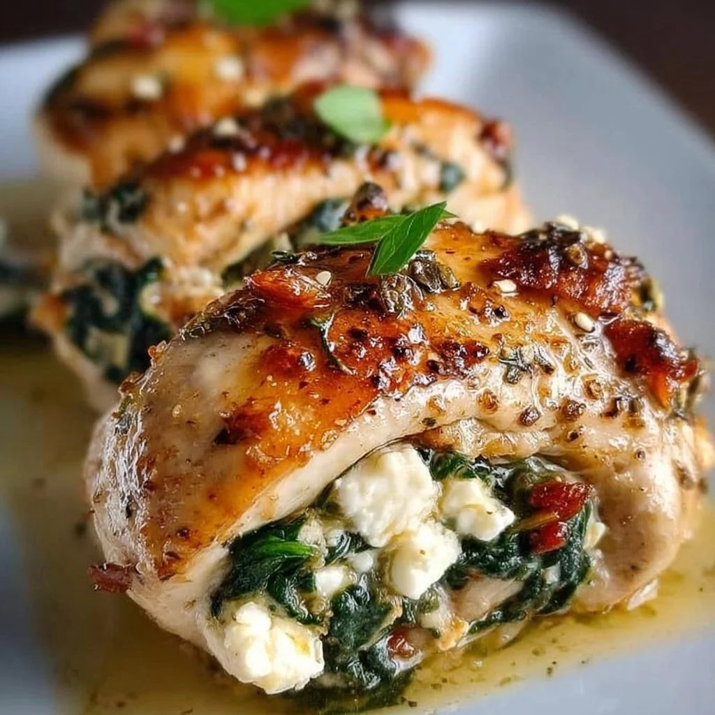 Delicious Spinach Feta Chicken Rolls served on a plate
