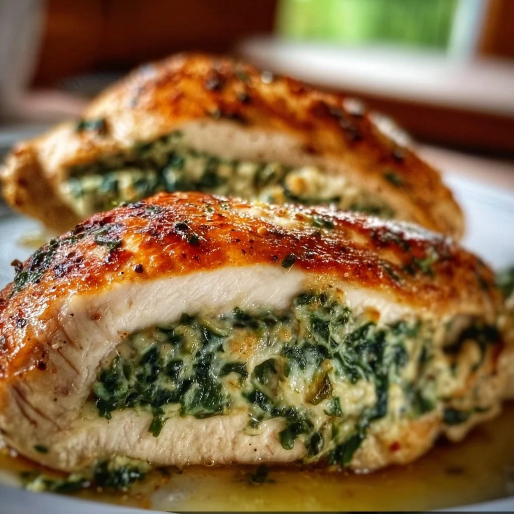 Spinach stuffed chicken breasts filled with cream cheese and herbs