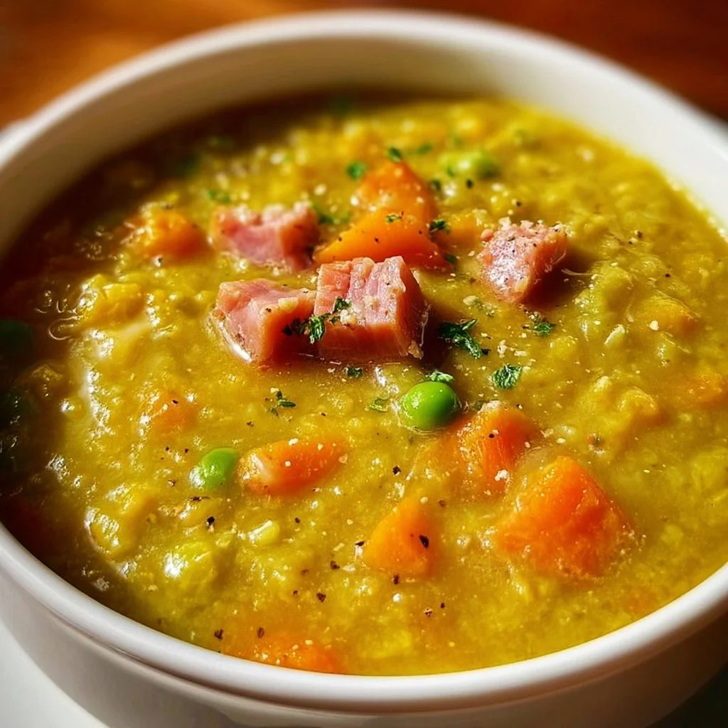 Bowl of split pea soup with ham garnished with parsley