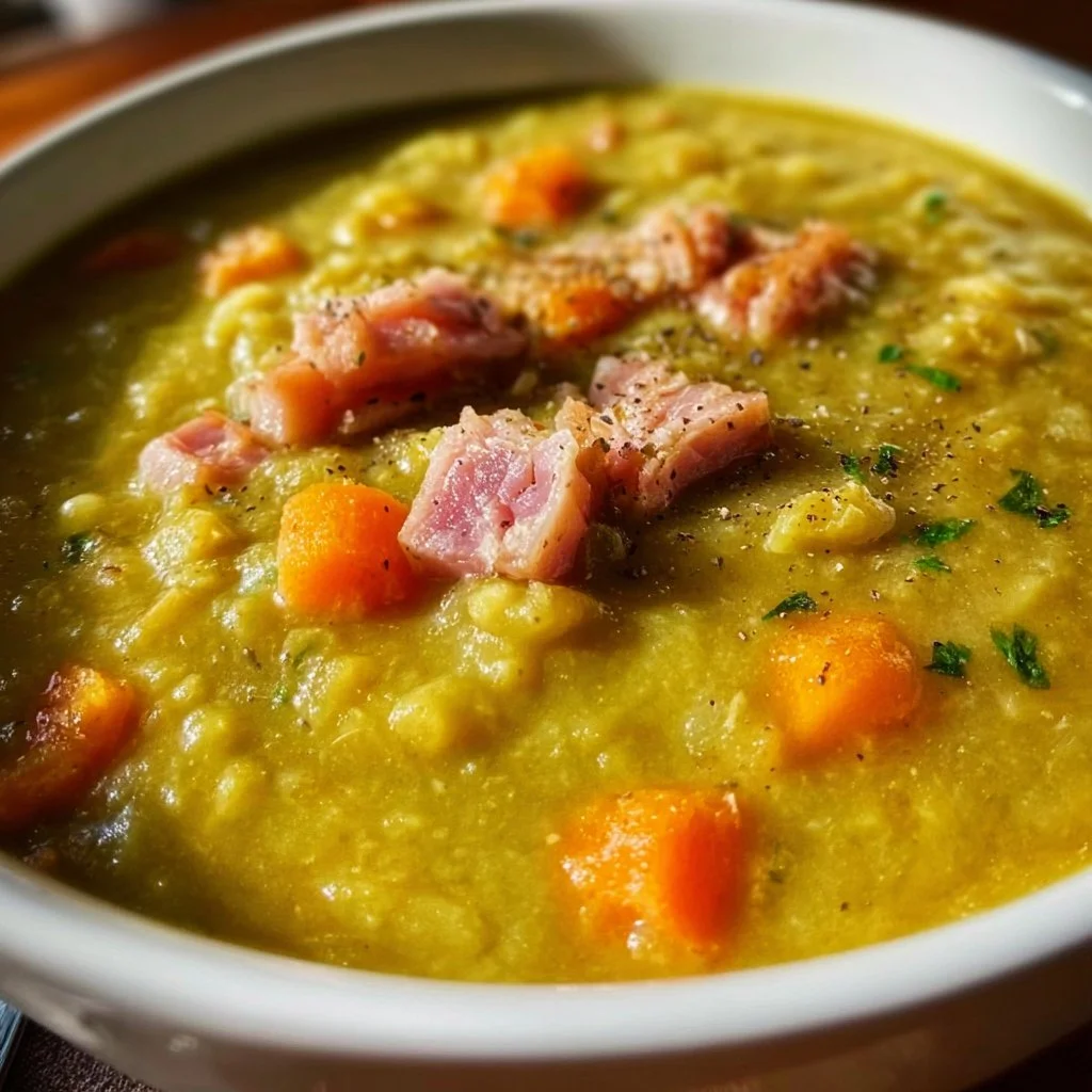 Bowl of split pea soup with ham, garnished with herbs