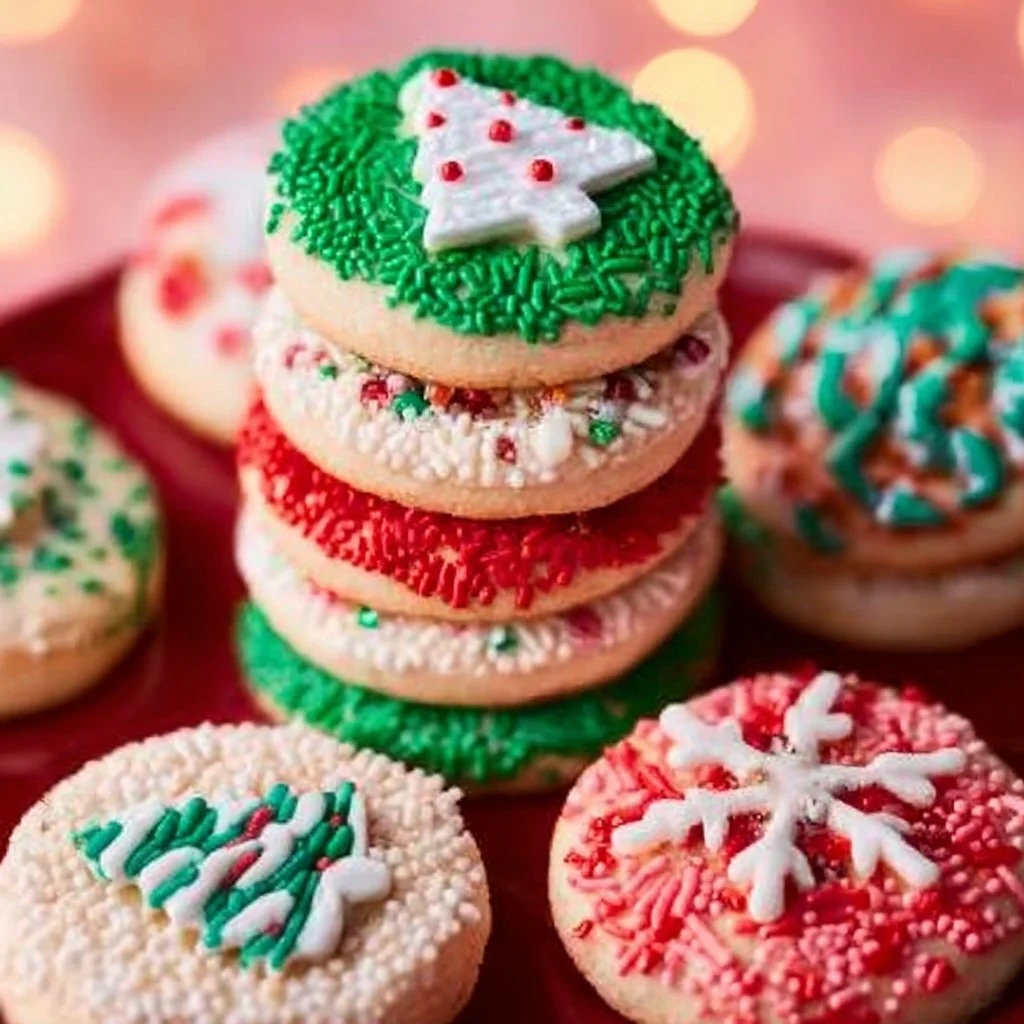 Stacked Christmas sprinkle cookies decorated with colorful sprinkles