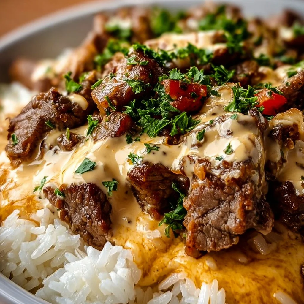 Plate of steak cheese rice topped with melted cheese and fresh herbs.