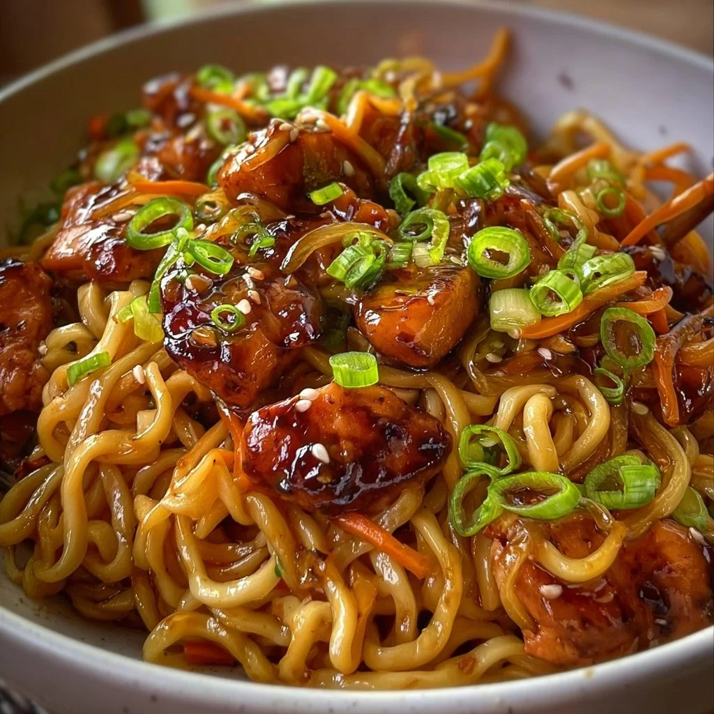 Sticky Garlic Chicken Noodles served in a bowl, garnished with green onions.