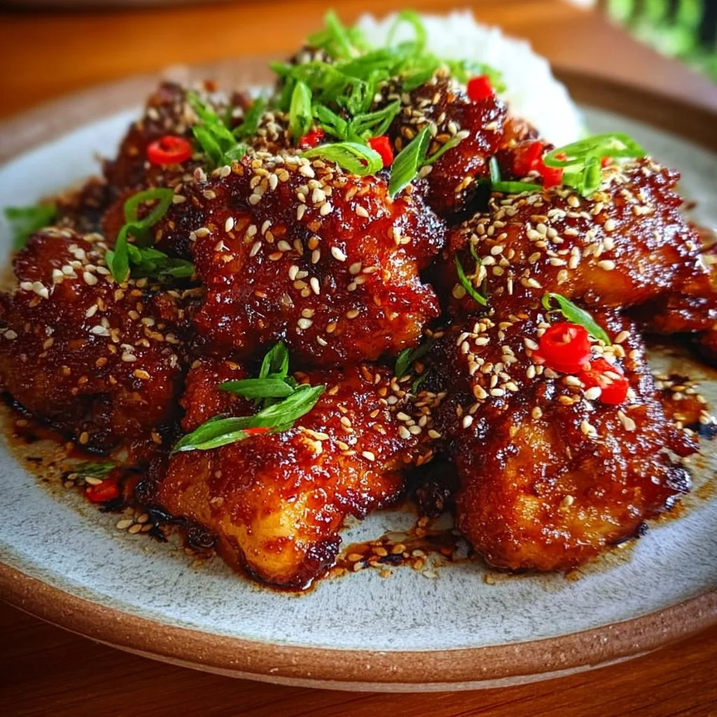 Plate of Sticky Honey Gochujang Chicken garnished with herbs and served with rice