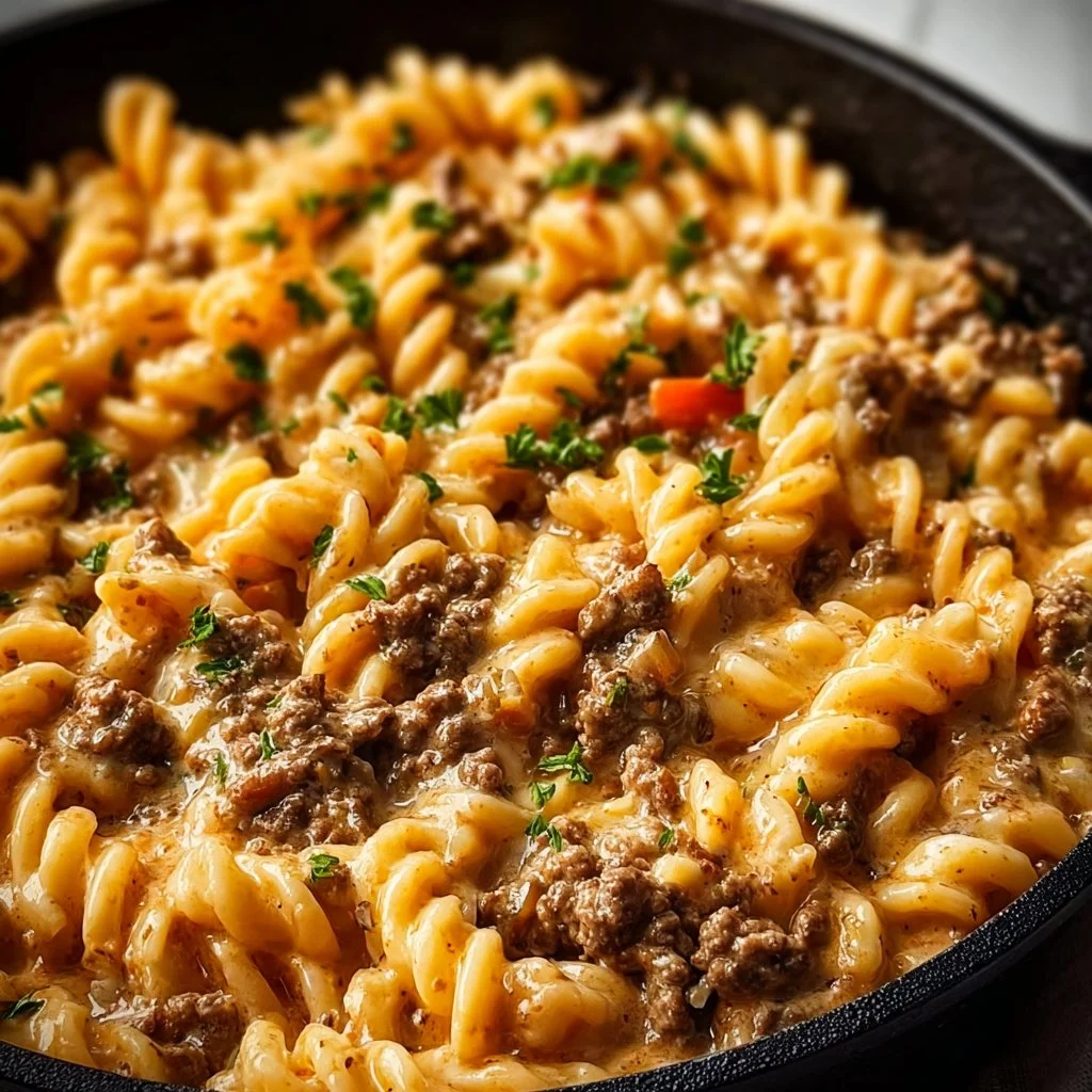 Delicious stovetop creamy ground beef pasta served in a bowl with herbs.