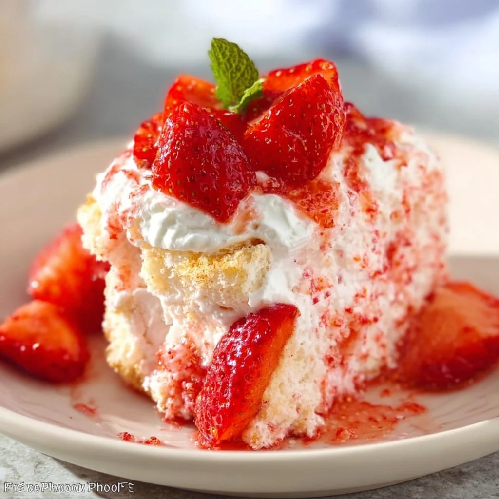 Delicious strawberry angel food cake topped with fresh strawberries and cream.