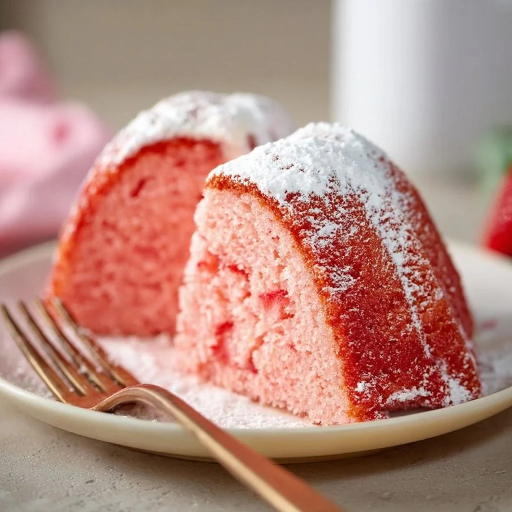 Delicious Strawberry Bundt Cake with Marshmallow Cream Filling on a dessert table