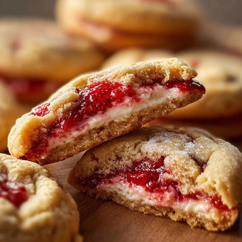 Strawberry Cheesecake Stuffed Cookies topped with fresh strawberries and cream cheese frosting.