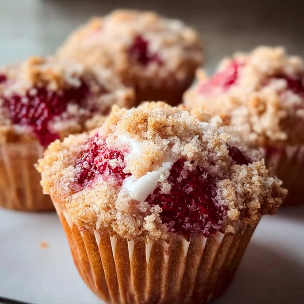 Freshly baked Strawberry Shortcake Muffins with strawberries and cream