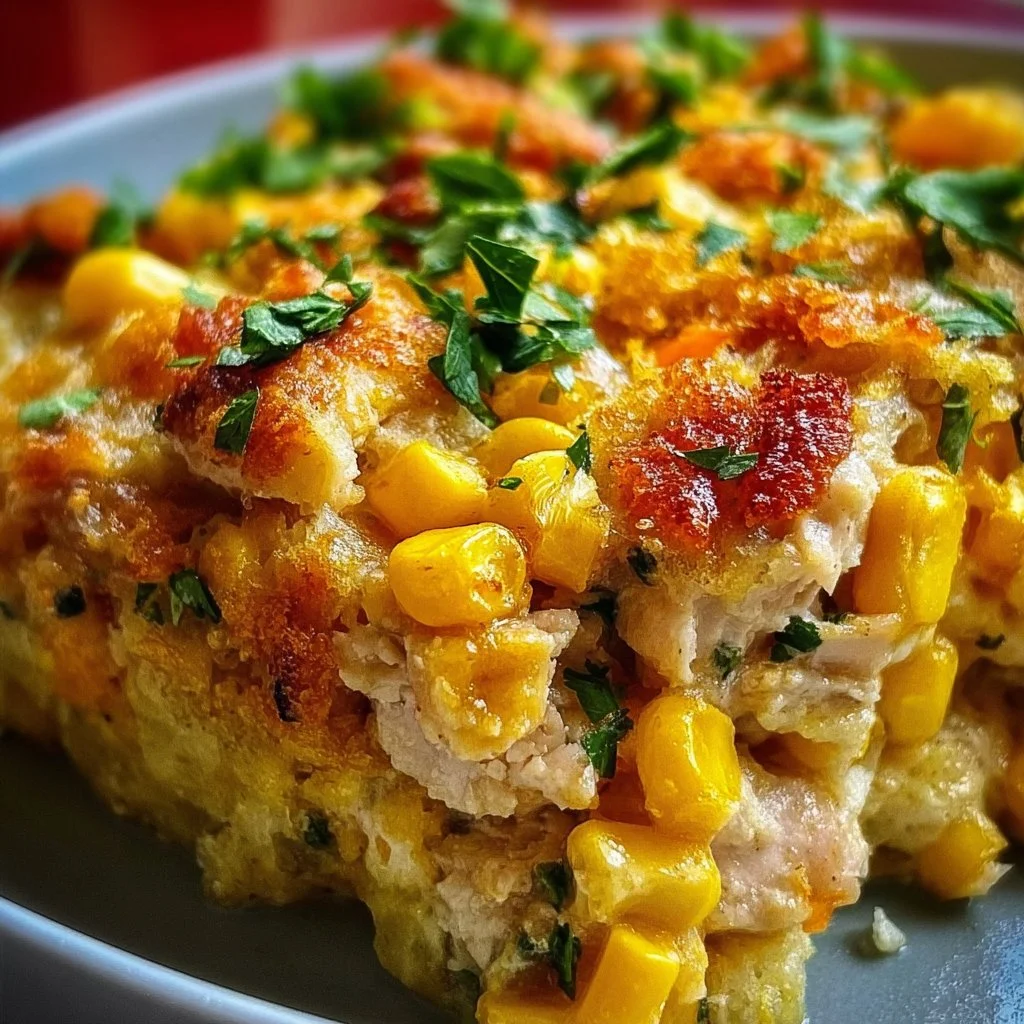 Street Corn Chicken Casserole topped with creamy cheese and fresh corn