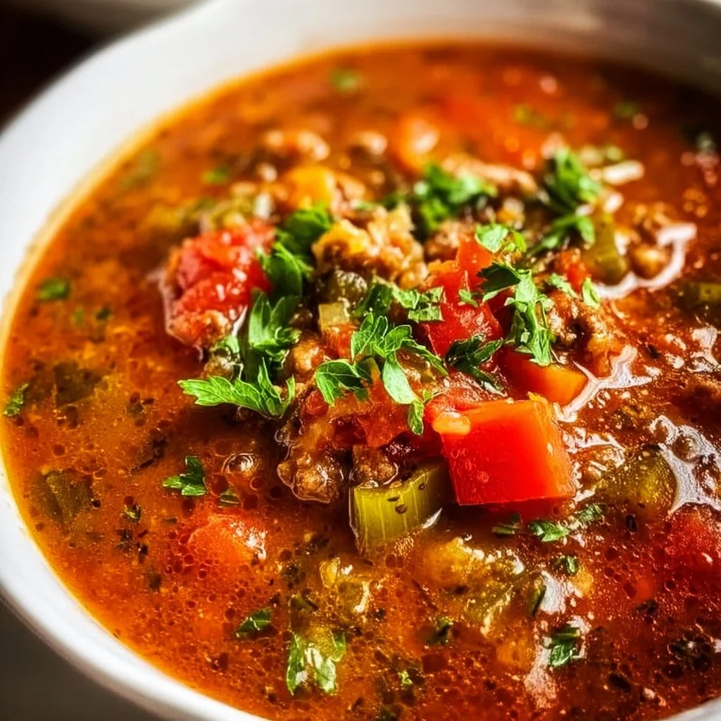 Bowl of hearty stuffed pepper soup topped with fresh herbs