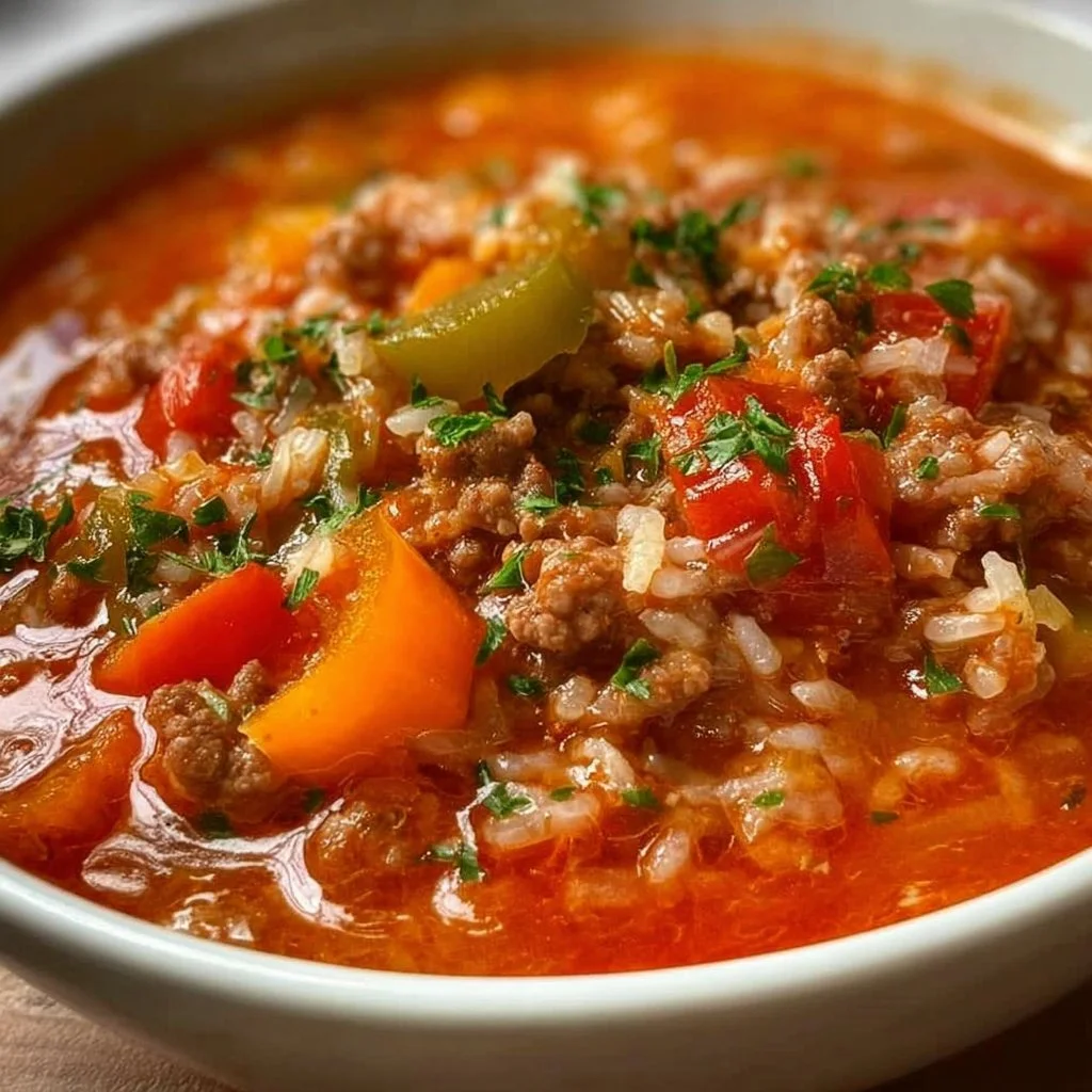 Bowl of delicious homemade stuffed pepper soup with colorful bell peppers and rice