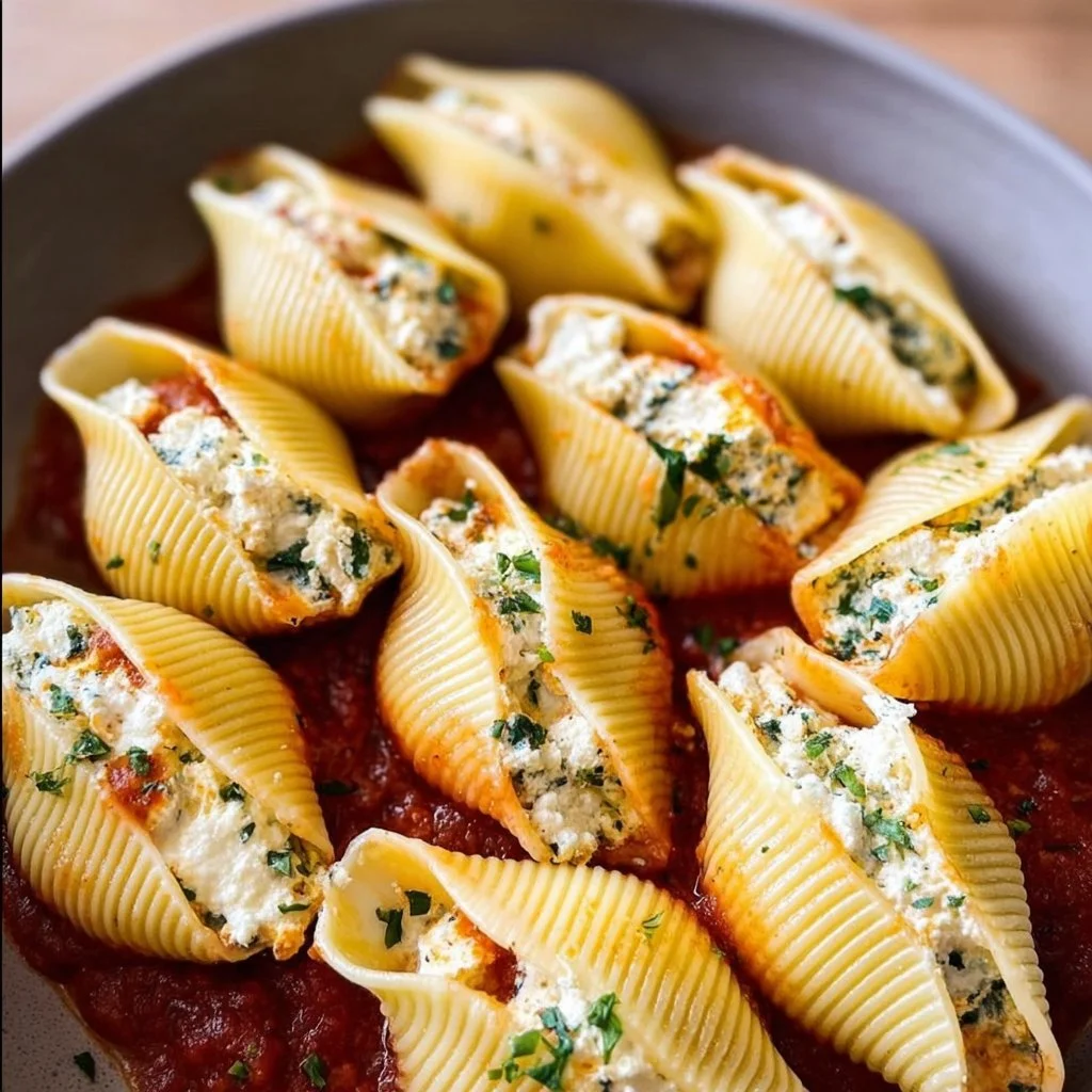 Delicious stuffed shells filled with cheese and topped with tomato sauce.
