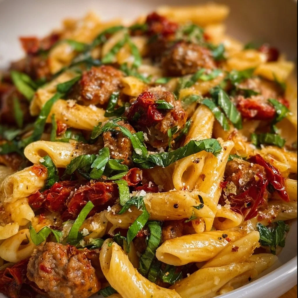 Plate of Sun-Dried Tomato Pasta with Italian Sausage garnished with fresh herbs