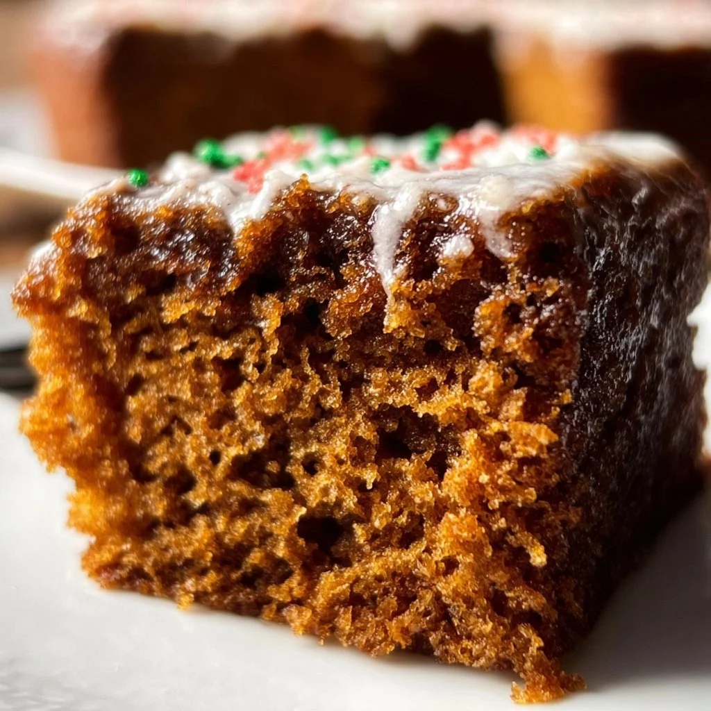Super moist gingerbread spice cake topped with cream frosting on a decorative plate.