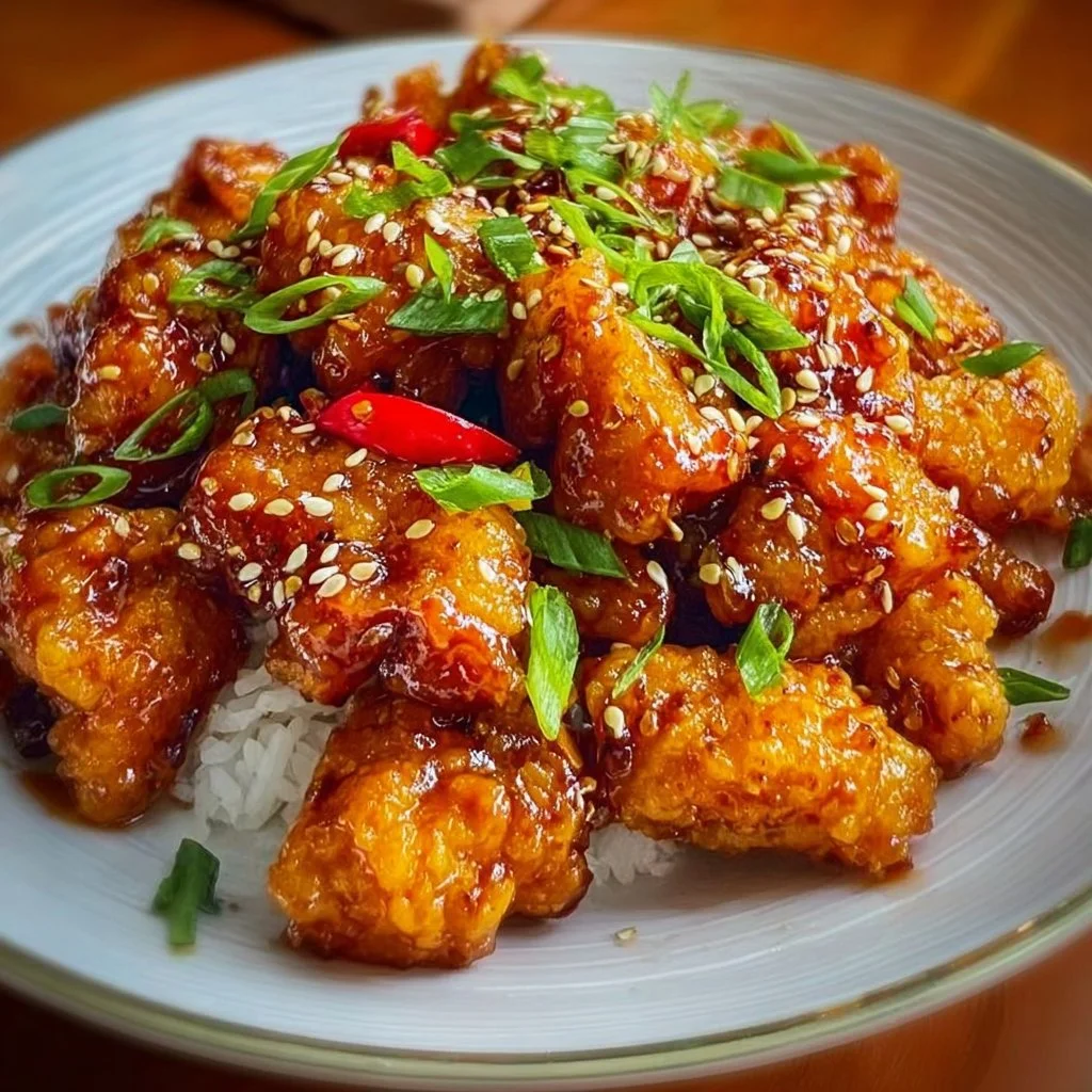 Delicious plate of Sweet Chili Chicken garnished with fresh herbs