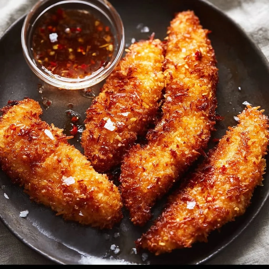 Plate of Sweet 'n Crispy Coconut Chicken Tenders garnished with fresh herbs