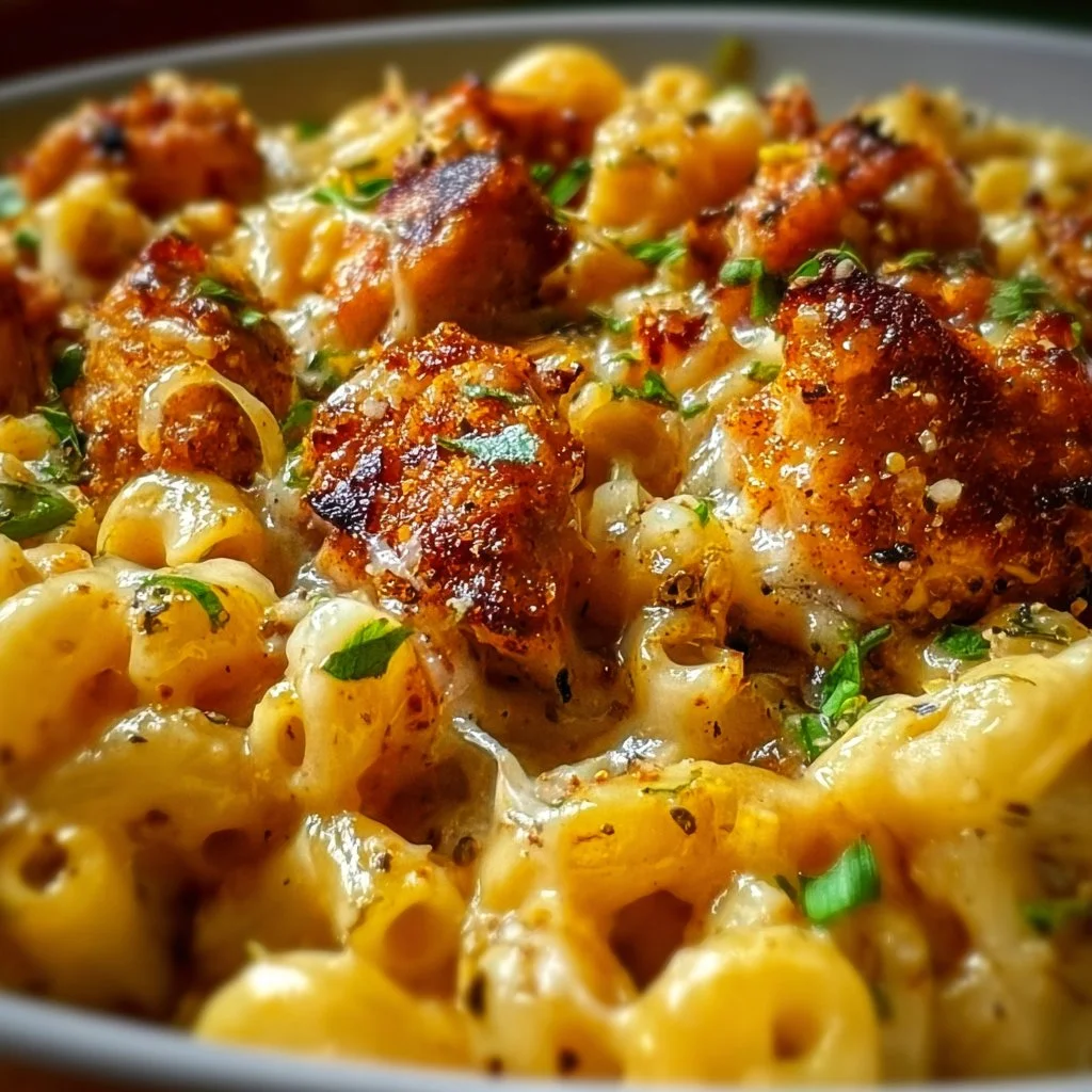Honey Pepper Chicken Mac 'n' Cheese comfort bake topped with a sweet and spicy glaze.