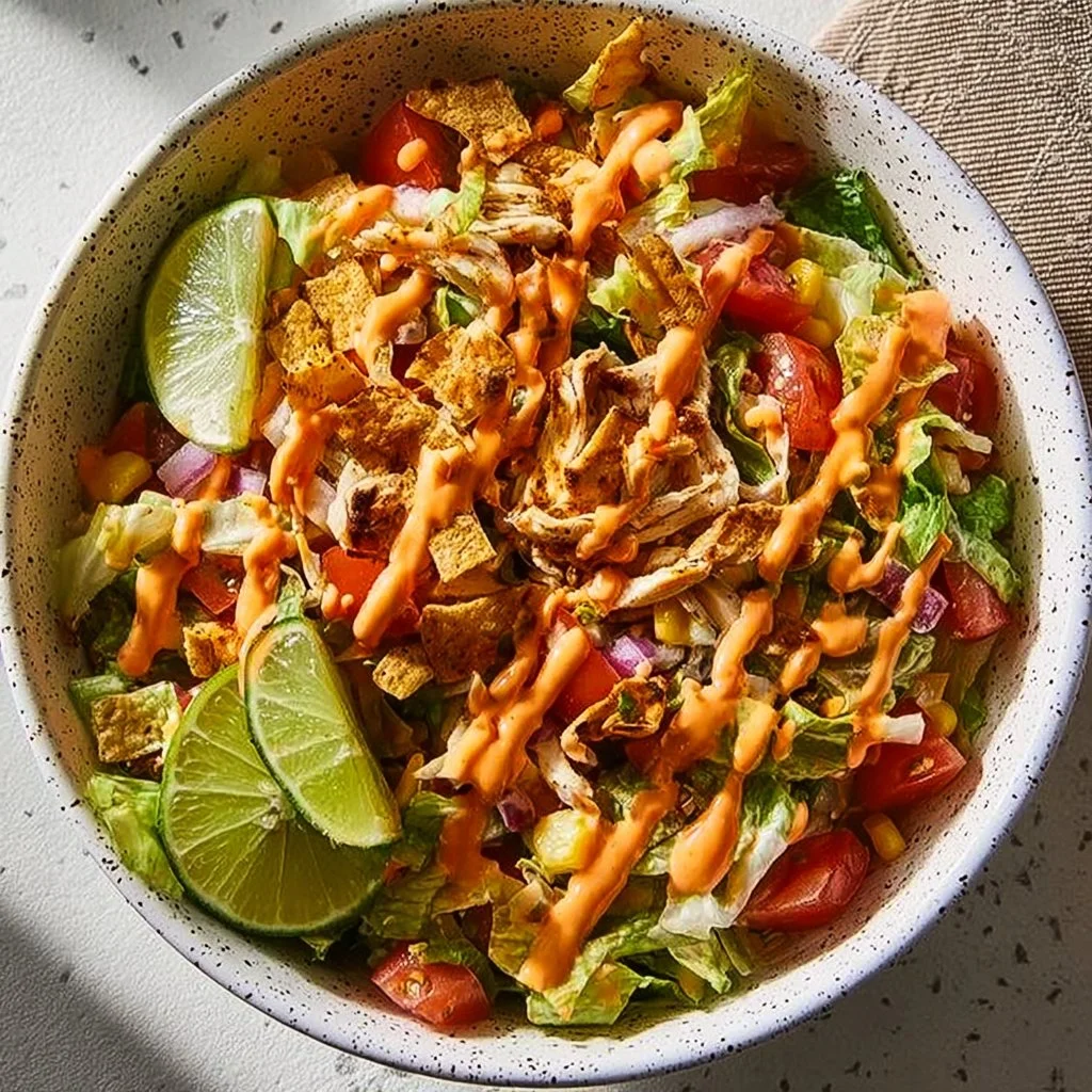 Colorful taco chicken salad with fresh ingredients and toppings