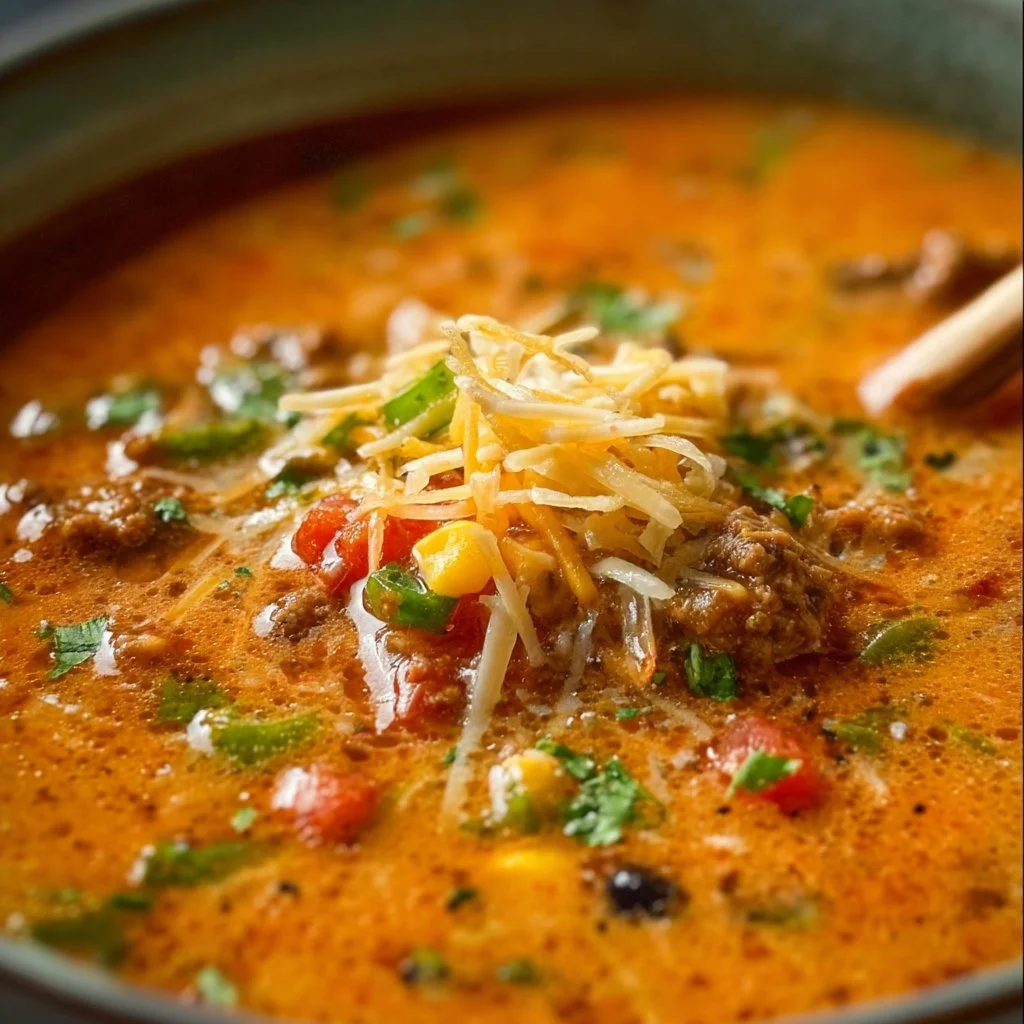 Bowl of delicious homemade taco soup topped with cheese and cilantro